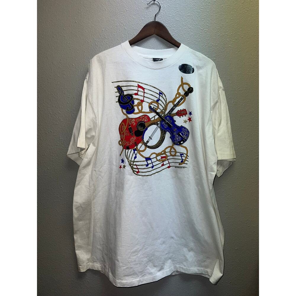 Vintage Diamond Dust Shirt Guitar Musical Notes Country Music White Tee 2XL